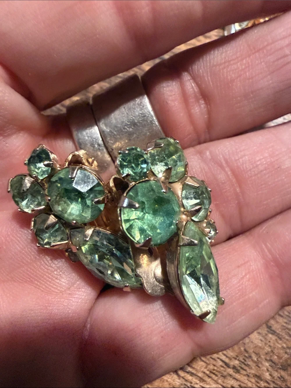 Signed WEISS Vintage Peridot Green Rhinestone Brooch & Clip Earrings Set